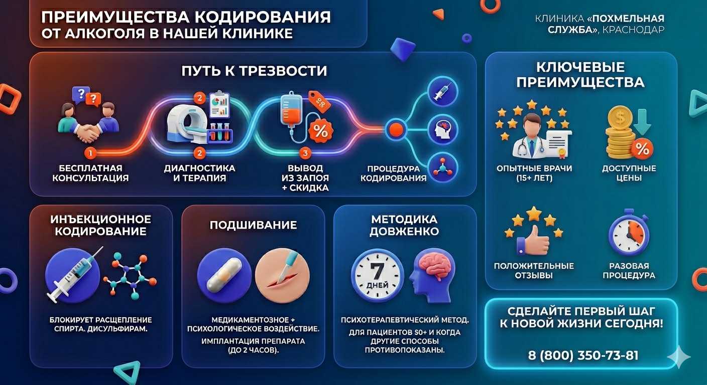 Инфографика о методах кодирования от алкоголя в Артеме: инъекции, подшивание, метод Довженко. Преимущества клиники и этапы лечения.